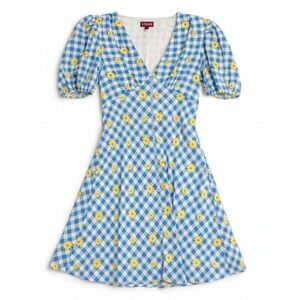 Staud Gingham Daisy Mini Milla Dress Blue White Floral Size 2 Feminine Fit Flare